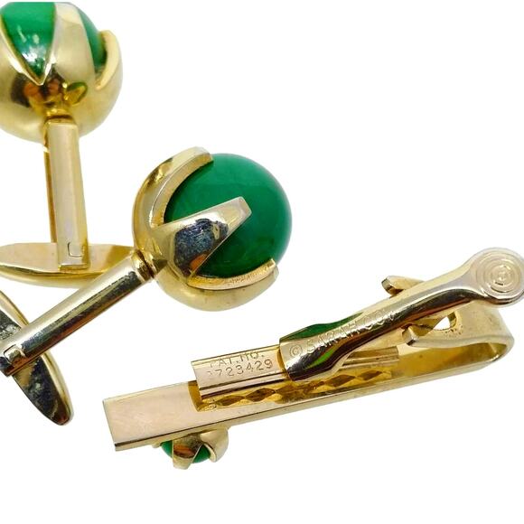 Retro Green Glass Ball Cufflinks Tie Bar Clasp Sarah Coventry Gold Tone Clip - Picture 5 of 9